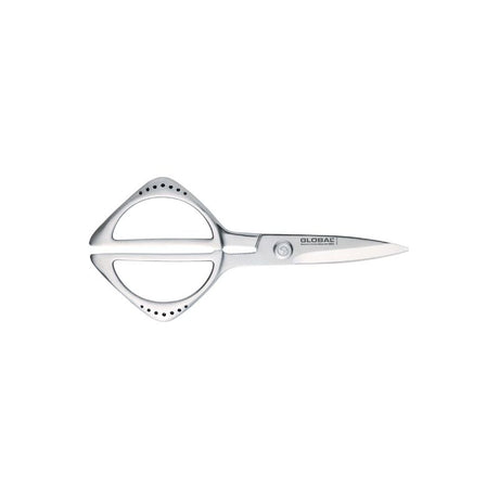 Global Classic Kitchen Shears featuring serrated blades, integrated nutcracker, and elegant cast steel design for versatile cutting.