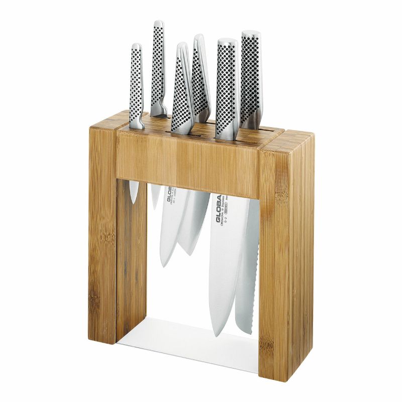 GLOBAL Ikasu Cutlery Block Set with bamboo storage, featuring six premium CROMOVA 18 stainless steel knives for precision cooking.