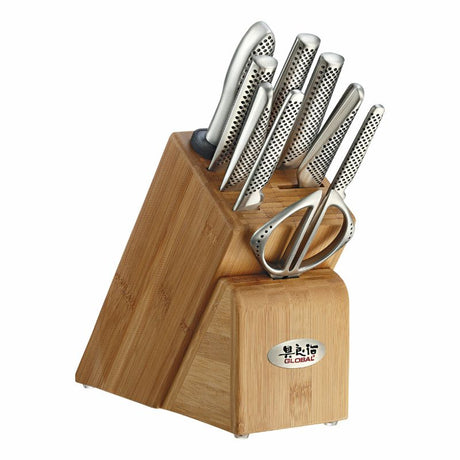 Global Takashi 10pc Knife Block Set featuring CROMOVA 18 stainless steel knives with ergonomic handles and essential kitchen tools.