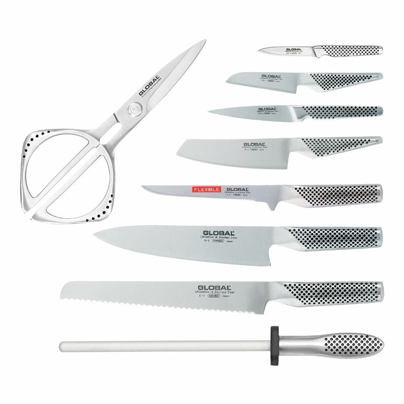 10-piece Global Takashi Knife Block Set featuring durable CROMOVA 18 stainless steel knives for precision cutting and comfort.