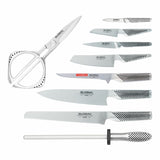10-piece Global Takashi Knife Block Set featuring durable CROMOVA 18 stainless steel knives for precision cutting and comfort.