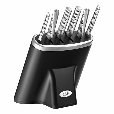Global Zeitaku 7 Piece Knife Block Set featuring six premium Japanese knives and an elegant storage block for culinary excellence.
