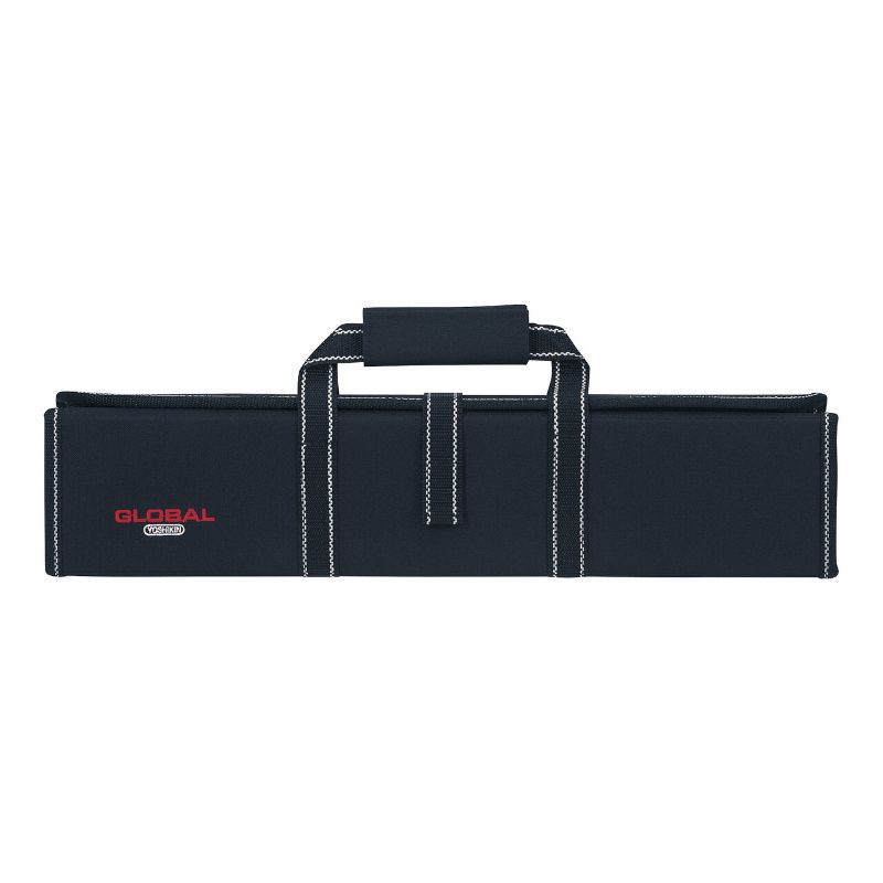 Stylish GLOBAL® branded knife roll with 11 pockets, made from durable nylon, featuring a protective flap and carry handle.