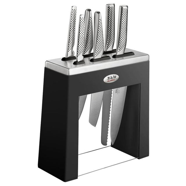 Global Kabuto 7pcs Knife Block Set in black, featuring durable CROMOVA 18 stainless steel blades for precision cooking.