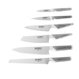 Global Kabuto 7pcs Knife Set in black with CROMOVA 18 stainless steel blades, including a stylish storage block.