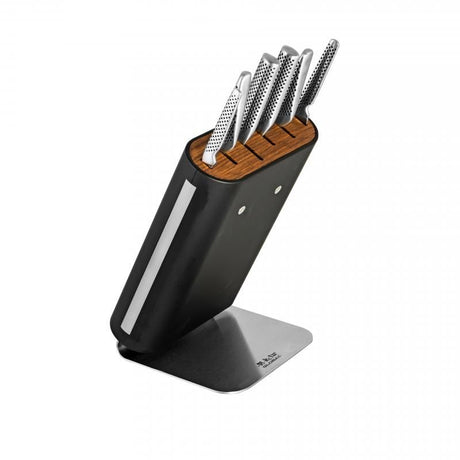 Global Hiro Knife Block Set features 7 precision knives in a sleek black block, designed for comfort and sharpness retention.