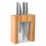 Global Teikoku 5 Piece Knife Block Set with essential stainless steel knives in a stylish bamboo holder.