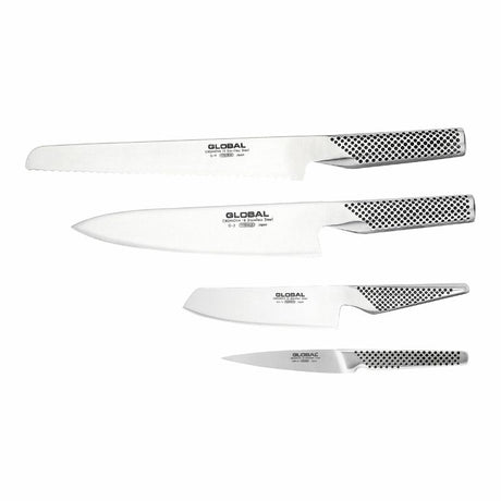 5-piece Global Teikoku knife block set with essential kitchen knives in a stylish bamboo holder, showcasing precision and durability.
