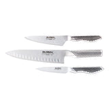 Global Classic 3 Piece Knife Set featuring a Fluted Cook's Knife, crafted from durable stainless steel for precision cutting.
