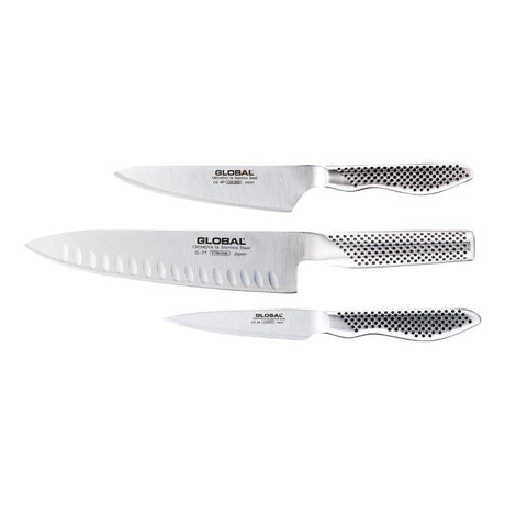 Global Classic 3 Piece Knife Set featuring a Fluted Cook's Knife, crafted from durable stainless steel for precision cutting.