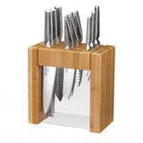 Global 10 Piece Ikasu X Knife Block Set with stainless steel knives, bamboo block, and sleek design for versatile kitchen tasks.