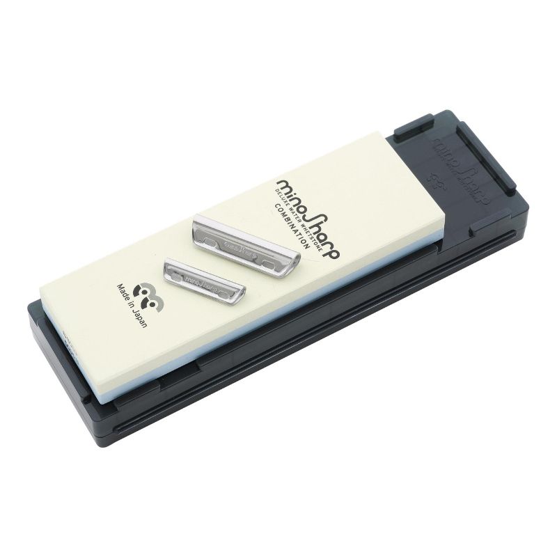Minosharp Combination Water Whetstone features dual grits (1000/8000) for sharpening and polishing kitchen knives, compact and effective.