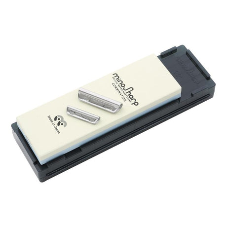 Minosharp Combination Water Whetstone features dual grits (1000/8000) for sharpening and polishing kitchen knives, compact and effective.