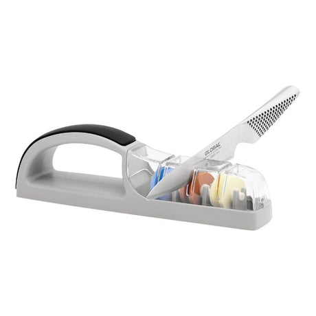 Ceramic water sharpener designed for Global knives, featuring three stages for optimal sharpening and maintenance.