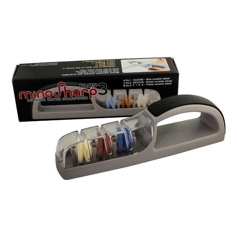 Ceramic Water Sharpener featuring three stages for precise knife honing, designed for Global and Japanese knives.
