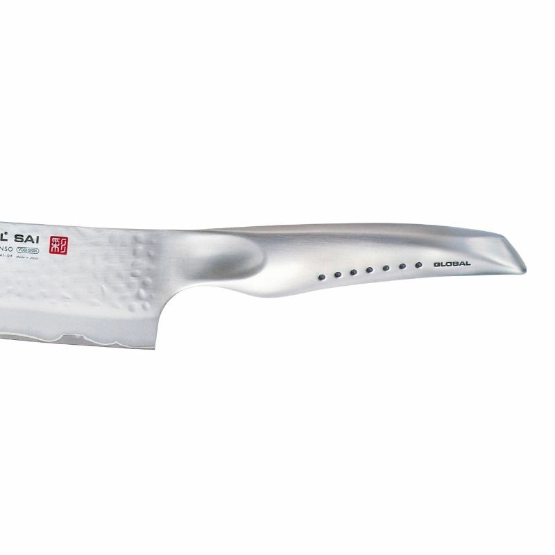 Global Sai 19cm Vegetable Knife with ergonomic handle and sharp three-ply stainless steel blade for effortless vegetable cutting.