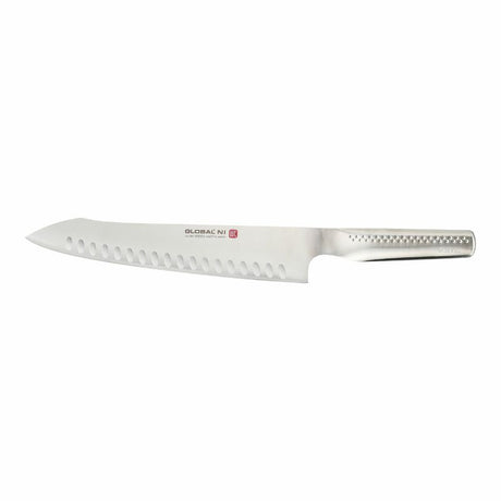 Global NI Oriental Fluted Cook's Knife, 26cm, features a fluted blade for precise cutting, made from durable CROMOVA 18 stainless steel.
