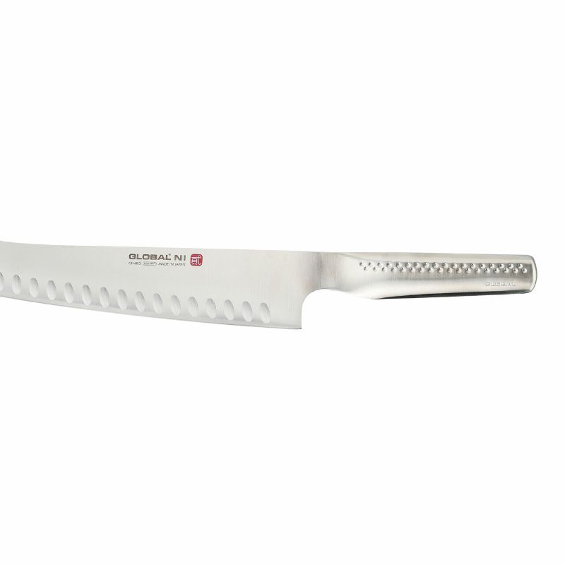 Global NI Oriental Fluted Cook's Knife (26cm) featuring a fluted blade for easy slicing, crafted from durable CROMOVA 18 stainless steel.