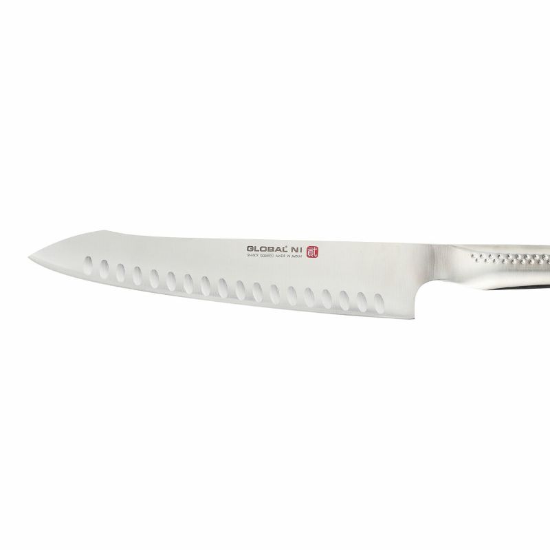 Global NI Oriental Fluted Cook's Knife (26cm) with fluted blade, CROMOVA 18 steel, ideal for precise slicing and dicing.