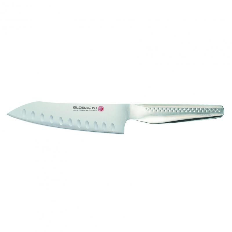 Global Vegetable Knife with fluted blade, 16cm, handmade in Japan for precise vegetable cutting and ergonomic handling.