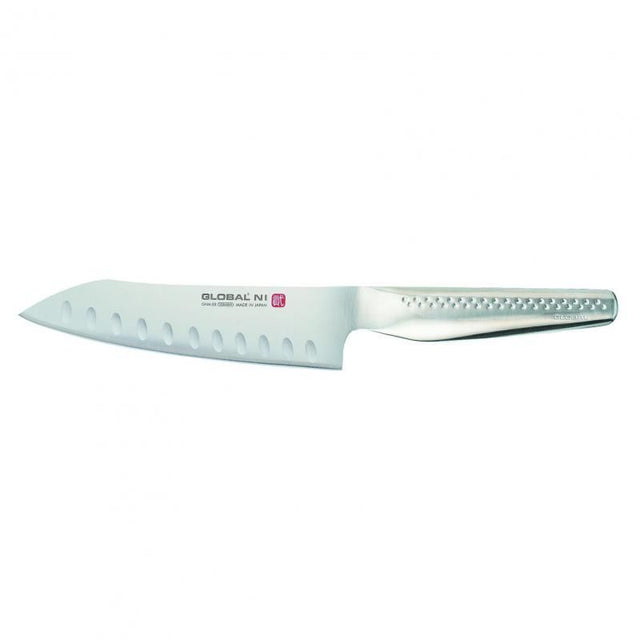 Global Vegetable Knife with fluted blade, 16cm, handmade in Japan for precise vegetable cutting and ergonomic handling.