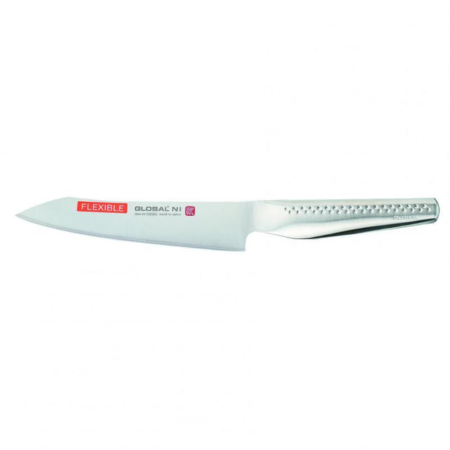 Global NI Slicer Knife with 16cm flexible blade for precise slicing of meats, crafted in Japan for professional quality.