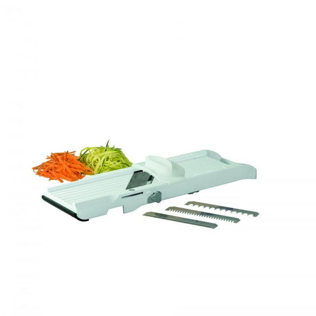 Benriner Vegetable Slicer with three interchangeable blades for precise, uniform slicing of various vegetables safely and efficiently.