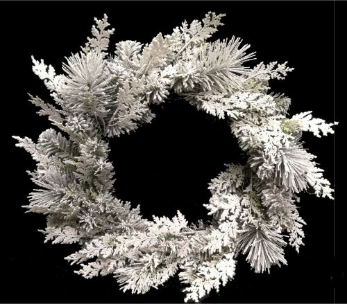 Lush 60cm snowy pine and cedar wreath, perfect for festive decor and creating a cozy winter ambiance.
