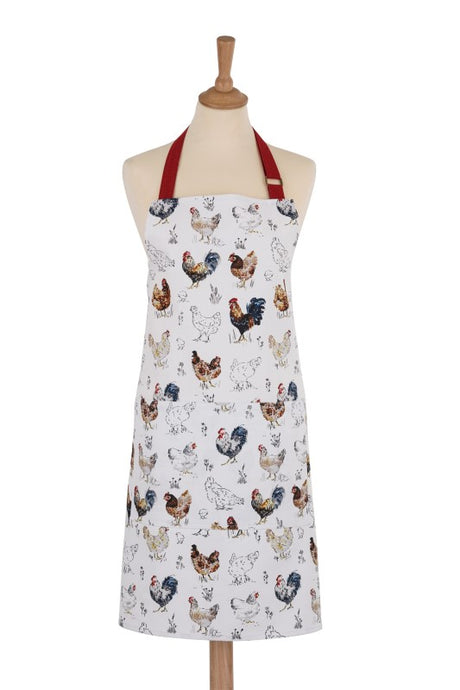 Ulster Weavers Cotton Apron featuring colorful farm birds, adjustable straps, and eco-friendly materials for stylish cooking.