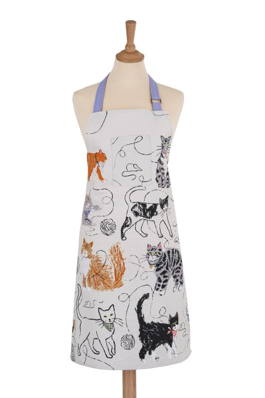 Cotton apron featuring whimsical cat illustrations and playful mice, designed for cat lovers and eco-conscious cooks.