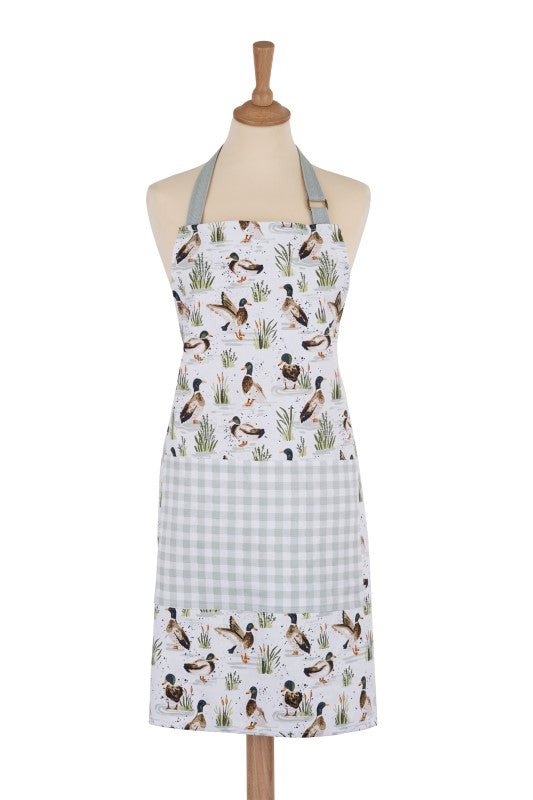 Cotton apron featuring whimsical mallard ducks on a sage green base, perfect for stylish and eco-friendly cooking.