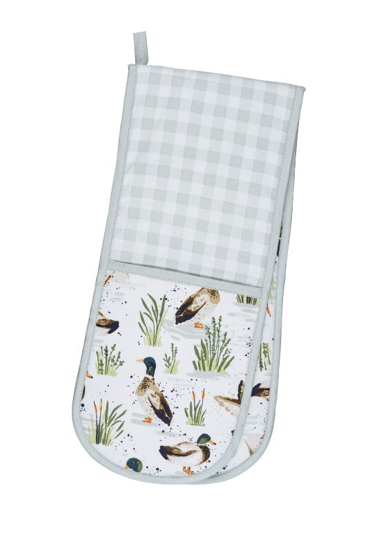 Ulster Weavers Double Oven Glove featuring hand-painted Farmhouse Ducks design in soothing sage green, eco-friendly and stylish.