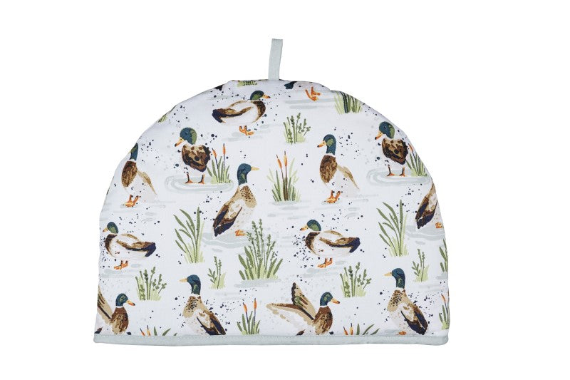 Ulster Weavers Cotton Tea Cosy featuring charming hand-painted ducks on a sage green background, perfect for farmhouse decor.