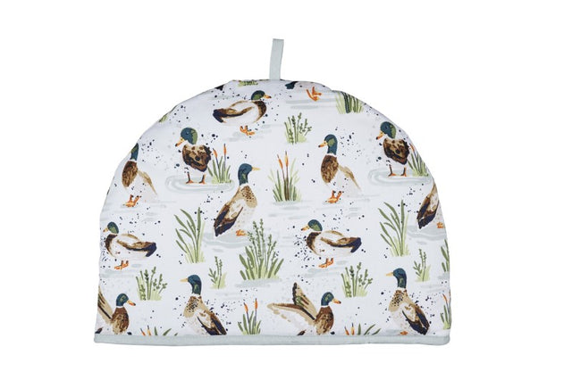 Ulster Weavers Cotton Tea Cosy featuring charming hand-painted ducks on a sage green background, perfect for farmhouse decor.