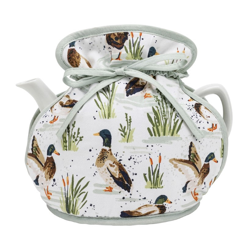 Ulster Weavers Cotton Muff Tea Cosy with charming mallard ducks on a sage green background, perfect for farmhouse kitchens.