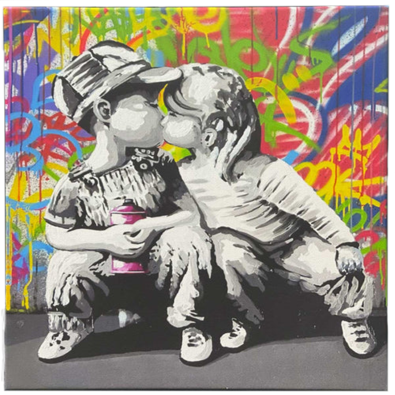 Art Print Banksy Canvas - Graffiti Sitting/Kissing (30 x 30cm)
