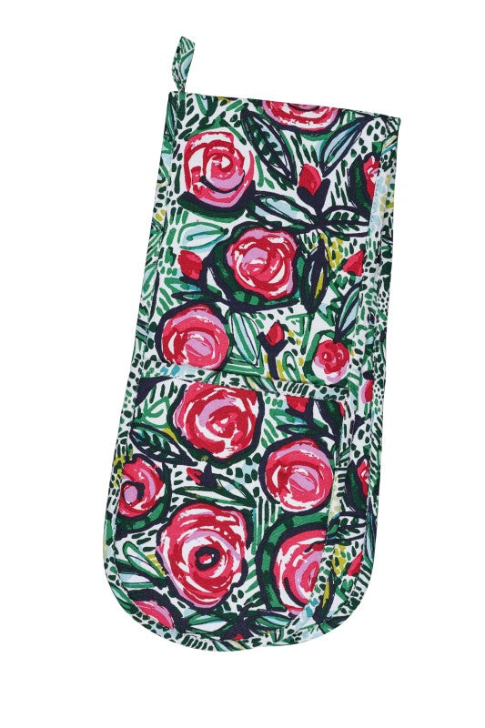 Vibrant Ulster Weavers Double Oven Glove featuring a stunning Rose Garden design with red and pink roses and deep green leaves.