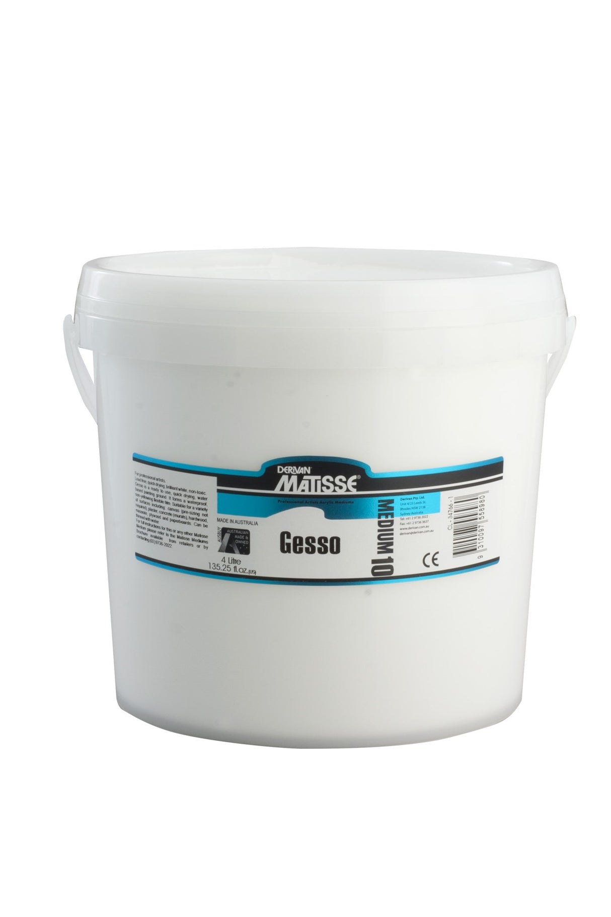 MATISSE MM10 4 Litre Gesso, a flexible primer for canvas and wood, enhances paint adhesion and coverage for artists.