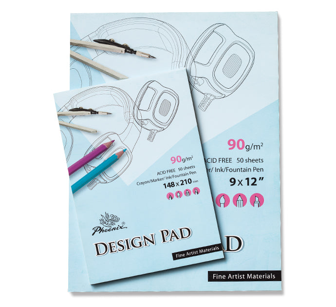 Premium A4 design pad with 50 sheets of 90g/m² paper, ideal for various art mediums like crayon, ink, and marker.