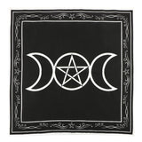 Triple Moon Altar Cloth featuring triple moon and pentagram designs, with a stylish white border, perfect for spiritual practices.