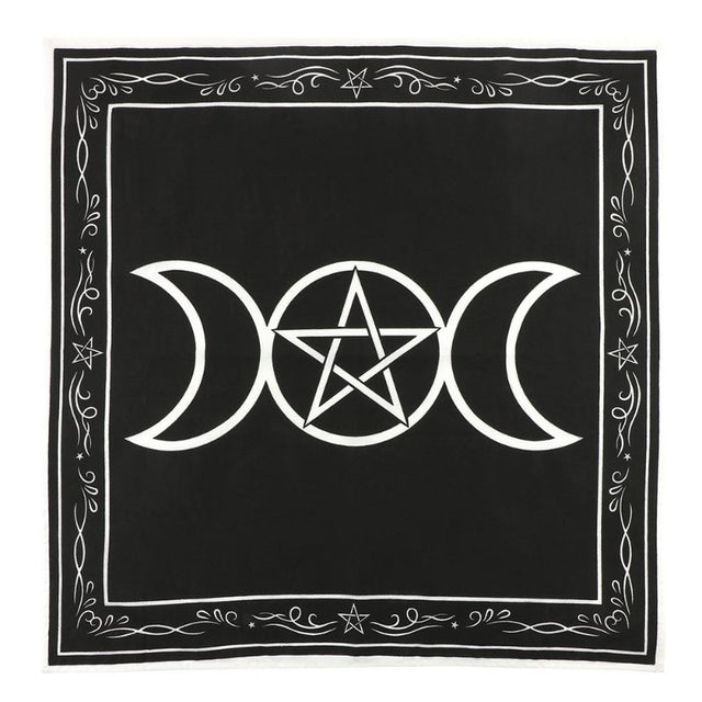 Triple Moon Altar Cloth featuring triple moon and pentagram designs, with a stylish white border, perfect for spiritual practices.