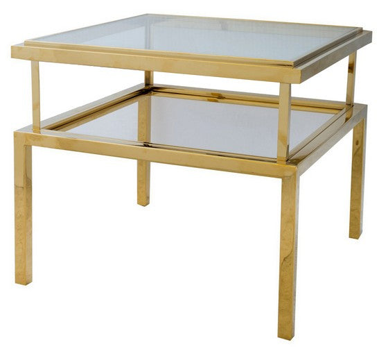 Elegant gold side table with clear glass and mirror accents, perfect for modern living spaces and stylish decor.