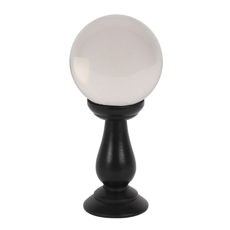 Clear 90mm crystal ball on a sleek black wooden stand, ideal for fortune telling and mystical decor.