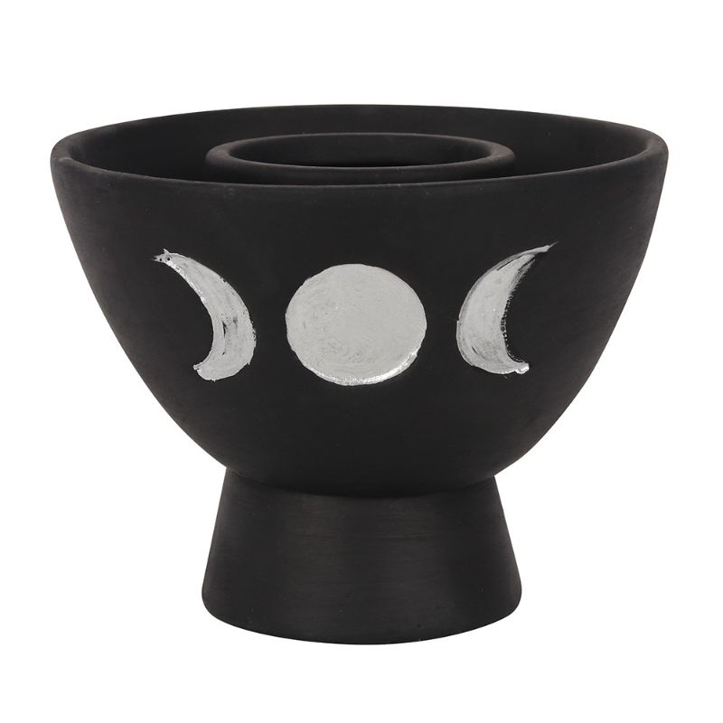 Black triple moon terracotta smudge bowl with white detailing, ideal for smudging rituals and home decor.