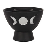 Black triple moon terracotta smudge bowl with white detailing, ideal for smudging rituals and home decor.