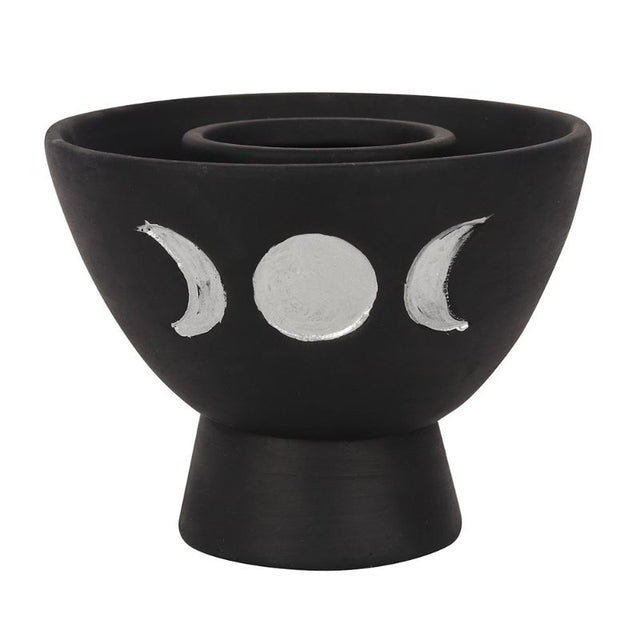 Black triple moon terracotta smudge bowl with white detailing, ideal for smudging rituals and home decor.