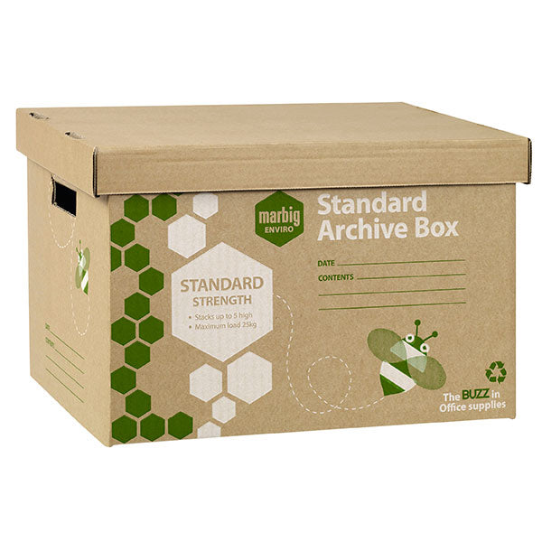 Marbig Standard Archive Box pack of 20, durable recycled cardboard boxes for organizing documents with a max load of 25kg.