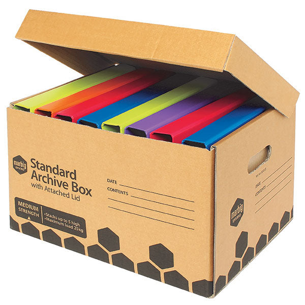 Marbig Standard Archive Box set of 10, eco-friendly, with attached lids, holds foolscap files, stackable, durable design.