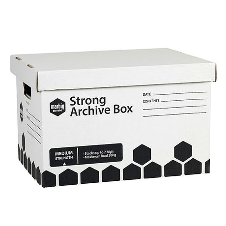 Marbig Strong Archive Box Pack of 20, sturdy, versatile storage for documents, supports up to 30kg, ideal for organization.