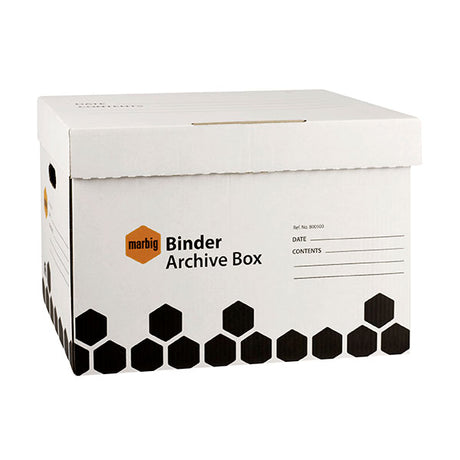 Durable Pack of 5 Marbig Archive Boxes for organizing documents, holding 6 lever arch files each, with hinged lids for easy access.